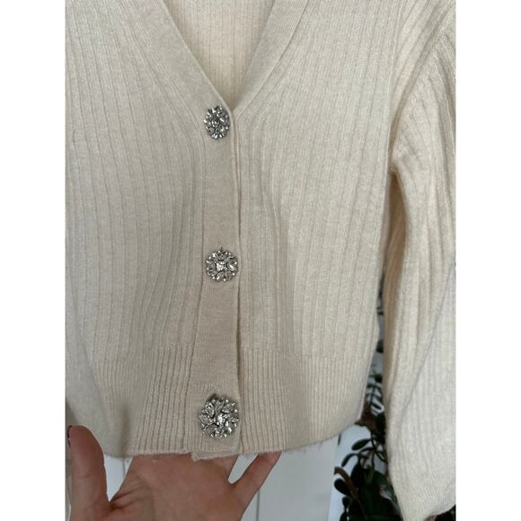 H&M Women's Cream V-Neck Cardigan with Jewel Buttons, Size XS, EUC - Picture 2 of 7